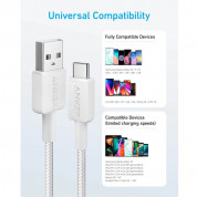 Anker 322 USB-A to USB-C Cable - здрав кабел с въжена оплетка и бързо зареждане за устройства с USB-C порт (180 см) (бял)  3