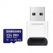 Samsung MicroSD 128GB PRO Plus Plus USB Reader A2 - microSD памет с USB-A четец за Samsung устройства (клас 10) (подходяща за GoPro, дронове и други) 