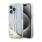 Guess Liquid Glitter Gold Stripe Case - дизайнерски кейс с висока защита за iPhone 15 Pro (прозрачен)