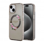 Guess Flowers Ring Glossy Logo MagSafe Case - хибриден удароустойчив кейс с MagSafe за iPhone 15 (черен-прозрачен)