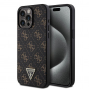 Guess PU 4G Triangle Metal Logo Case - дизайнерски кожен кейс за iPhone 15 Pro Max (черен)