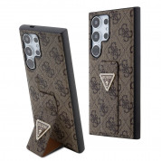 Guess PU 4G Strass Grip Stand Triangle Metal Logo Case for Samsung Galaxy S24 Ultra (brown)
