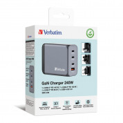 Verbatim GaN Fast Wall Charger 240W - захранване за ел. мрежа за мобилни устройства с 1xUSB-A и 3xUSB-C изходи с технология за бързо зареждане и преходници за цял свят (тъмносив) 6