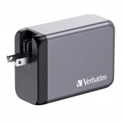 Verbatim GaN Fast Wall Charger 200W - захранване за ел. мрежа за мобилни устройства с 1xUSB-A и 3xUSB-C изходи с технология за бързо зареждане и преходници за цял свят (тъмносив) 4